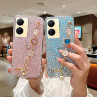 เคสโทรศัพท์เนื้อนิ่มพร้อมสร้อยข้อมือรูปดอกคามีเลียหรูหราสำหรับ VIVO Y27 4G 5G Y36 4G 5G Y78 5G Y02A Y02 Y35 Y16 Y02S Y22 5G Y22S Y77 5G 2023ใหม่ล่าสุดเงางามปลอกโทรศัพท์มือถือท้องฟ้ามีในสต็อก