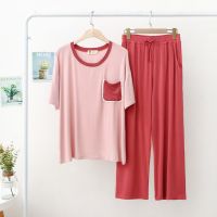 ；【‘；- Homewear Casual Lady  O-Neck Modal 2Pcs With Lace Pocket Pajamas Set Elastic Waist Shirt&amp;Pant Sleep Suit Loose Nightwear