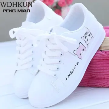 Women Flat Cartoon Canvas Shoes 2018 New Summer White Lace Up