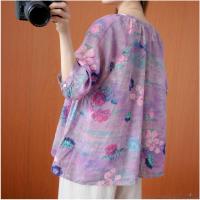 Oversized Floral Blouse 2023 Summer Women 34 Sleeve Loose Vintage Print Cotton Blouses Tops Femme Bluse