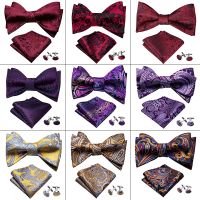 Gold Red Silk Men Bowtie Hanky Cufflinks Set Self Bow Tie for Men Paisley Butterfly Male Party Wedding Gift Barry.Wang