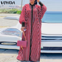 VONDA กระดุมเสื้อแขนยาวลำลองสตรีเสื้อเชิ้ตทรงหลวมชุดเดรสแมกซี่พิมพ์ลายวินเทจ (ขนาดใหญ่พิเศษ)