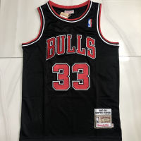 เสื้อเจอร์ซีย์ปักลายสวยหรูของแท้ผู้ชาย Chicago Bulls Pippen Mitchell &amp; สปริงไม้คลาสสิกเจอร์ซีย์-สีขาว/แดง/ดำ