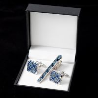 ❡๑✁ Men 39;s French Shirt Cufflinks and Tie Clip Set with Box Blue Clover Pattern Enamel Cuff Link Tie Pins Wedding Christmas Gifts