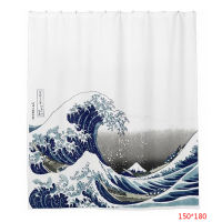 Japanese Style Shower Curtain Waterproof Sea Wave Mould Resistant Thickened Protect Privacy Digital Printing Bathroom Drape