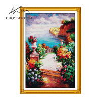 Crossdecor Cross Stitch ออกแบบใหม่รูปแบบภูมิทัศน์ Aida 14CT 11CT ผ้า Handmade ปักชุดพร้อมวัสดุสำหรับผู้เริ่มต้นตกแต่งสำหรับ Sala Wall - The Beach Path ท่ามกลางดอกไม้