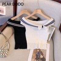 PEAR DODO เสื้อถักเอวเปิดไหล่สำหรับผู้หญิงลายทางโบว์เกาหลี