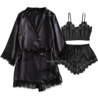 3PC Women Sexy Lingerie Sleepwear Lace Satin Sleepwear Lingerie Camisole Nighty&amp;Robe Pajamas Set Sleep Wear Homewear Nightgown