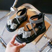 Girls Shiny Cool Rhinestone Bowknot Childrens Sandals 2023 Summer Open-toe Versatile Kids Fashion Back Zipper Casual Shoes New