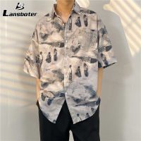 Lansboter เสื้อแขนสั้นผู้ชาย,เสื้อฮิปฮอปสตรีทแขนสั้นพิมพ์ลายทรงหลวมแขนห้าส่วน