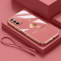 เคสสำหรับ Samsung Galaxy A03s / A02s + สายคล้องหรูหราเคสใบเมเปิลกันชนสี่เหลี่ยมชุบ6D นิ่มฝาครอบหลังซิลิโคนสำหรับคู่รักสาวๆ