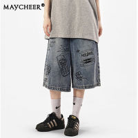 MAYCHEER   Celana Pendek Denim กราฟฟิตีวินเทจสำหรับผู้ชายและผู้หญิงกางเกงขากว้างแบบลำลองฤดูร้อน