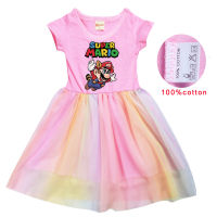 Super Mario Bros Dress Model Baru เด็กผู้หญิงเด็กน้อยแขนยาวฤดูใบไม้ผลิและฤดูร้อน Lesure สาว100% ฝ้าย2-9ปีชุดเดรสตาข่ายเสื้อผ้าเด็ก0000