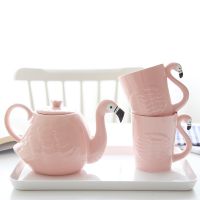 Ins Pink Flamingo Girl Ceramic Water Cup Teapot Set  With Handle Home Mark Cup Teaware Drinking Set