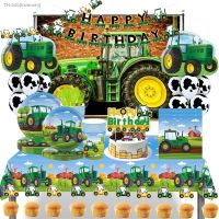 ஐ┋✽ Green Tractor Theme Disposable Tableware Paper Cup Plates Napkins Truck Vehicle Excavator Kids Boys Party Decorations Supplies