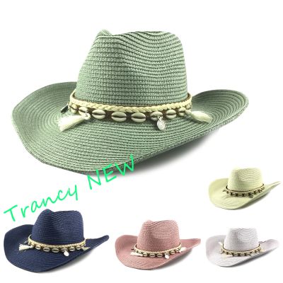 หมวกคาวบอยฟางข้าว Fedoras สำหรับผู้หญิงและผู้ชายหมวกแบบจีบหมวกคาวบอยหมวกกลางแจ้งหมวกชายหาดฤดูร้อน