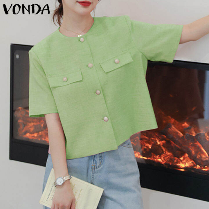 จัดส่งฟรี-เสื้อเบลเซอร์คอกลมแขนสั้นสำหรับผู้หญิง-fancystyle-vonda-โอแอลที่ทำงานกระดุมแถวเดียวชุดออกกำลังกายแบบทึบ