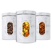 JENNIMER Canister Set Of 3,Stainless Steel with Transparent Windows of Sugar Food Tea Coffee Candy Storage (Marble White)