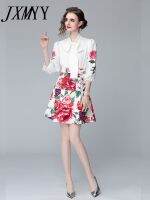 2022 Summer Fashion New Elegant Temperament Bow Collar Three-Point Sleeve Shirt Peony Print A-Line Skirt Suit Womens Clothing