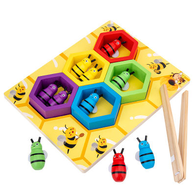 Wooden Toy Clamp Bee Game Color Matching Cognition Hand-eye Coordination Montessori Early Education Toys For Children Kids Baby