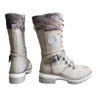 Womens Snow Boots Winter Buckle Lace Knitted Mid-calf Boots Low Heel Round Toe Knight boots Top Quality Winter Warm Shoes 2021