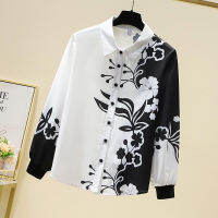 ร้อน, ร้อน★Black and White Printing Contrast Shirt Womens Autumn 2021 New Slim Korean Style Loose Fashion Long-sleeved Top