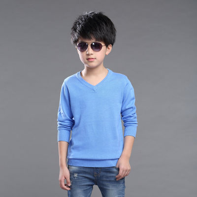 Fashion Boys Sweater Knitting Pattern Spring  Children Pullovers Tops Cotton Kids Outerwear Clothes Pure Color Sweater 4-16Y
