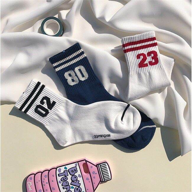 korean-fashion-preppy-style-digital-sports-striped-socks-pure-cotton-two-bars-mid-top-womens-short