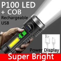 Powerful Led Flashlight Super Bright with Battery Portable Strong Torches USB Rechargeable with COB Light Outdoor Searchlight