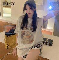 IELGY เสื้อยืดแขนสั้นพิมพ์ลายหมีหลวมสำหรับผู้หญิง All-Match Niche Top