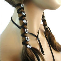 【CW】Skull Hair Jewelry Black Leather Hair Ties tail Holder Biker Goth Punk Horror Wrap Extensions