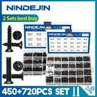 NINDEJIN 450pcs Cross Flat Head Tapping Screws Kit M2.3-M3 Carbon Steel 720pcs Countersunk Head Phillips Mini Screw Set M1.4-M3