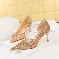 8829-A3 Style Sexy Nightclub Slim Fit High Heel Shallow Mouth Pointed Side Hollow Shining Sequin Single Shoe