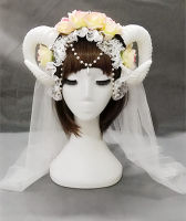 Handmade Lolita Fancy Dress Sheep Horns Headband With Rose Flowers Lace Veil Halloween Headwear Costume accessory Punk