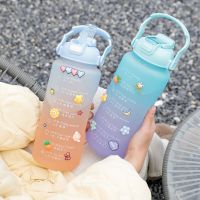 2 Liters Kawaii Cute Drinking Cup Plastic Frosted Time Mark with Straw Water Bottle with Straw Student for Girls Free Shipping