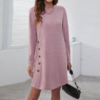 Round Neck Casual Button Spliced Long Sleeve Dress Womens Clothing Autumn Winter Loose Simplicity Solid Color Fashion Dresses