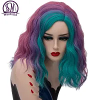 MSIWIGS Short Cosplay Synthetic Wigs For Women Rainbow Highlights Color Wavy Wigs Side Central Hairline Cos Rose Net Ombre Hair