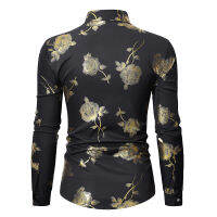 Mens Gold Rose ดอกไม้พิมพ์เสื้อแบรนด์ดอกไม้ Steampunk Chemise สีขาวแขนยาวงานแต่งงาน Bronzing Camisa Masculina