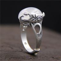 C&amp;R Pure 990 Sterling Silver Rings for Women Vintage jade Lotus Leaf Natural White Chalcedony Ethnic Thai Silver Fine Jewelry