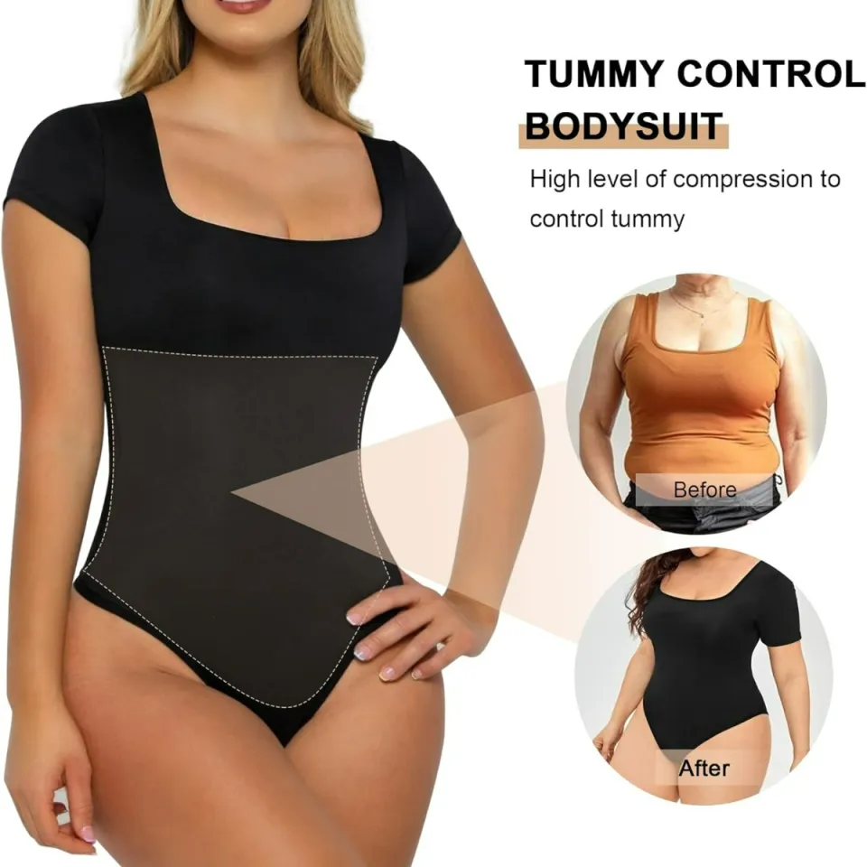 Seamless Short Sleeve Bodysuit for Women Tummy Control Shapewear Thong  Sculpting Body Shaper Square Neck Short Sleeves Body Suit