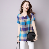 T Shirt Women Korea Style Fashion Plaid Short Sleeve Tee Cotton Linen Bottoming Loose Top baju tshirt perempuan