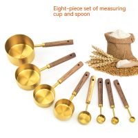 8 Piece Stainless Steel Measuring Cups Spoons Acacia Wooden Handle Easy Storage Scale Measuring Spoon Set Kitchen Baking Tools