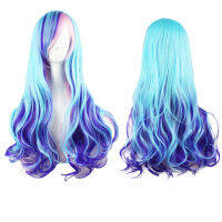 Gradientผมยาวลอนสีสีฟ้าผสมสีชมพูWig-M5-00770cmการไล่ระดับสีของผู้หญิงยาวBig Wave Curlyเต็มวิกผมสำหรับคอสเพลย์ปาร์ตี้อะนิเมะ