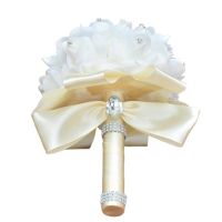 Korean Style Wedding Bridal Bouquet Artificial Flower PE Foam Roses With Faux Crystal Rhinestone Ribbons for Party Church Decor