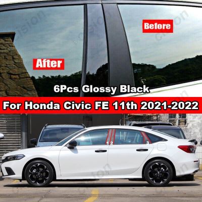 สติกเกอร์คาร์บอนไฟเบอร์ สีดํามันวาว สําหรับติดตกแต่งเสาประตู หน้าต่างรถยนต์ Honda Civic FE Sedan 2021-2022 6 ชิ้น