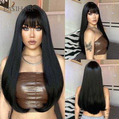 Black Synthetic Wigs Long Silky Straight Cosplay Party Wigs with Bangs for Afro Women Daily Natural Heat Resistant Fake Hairs