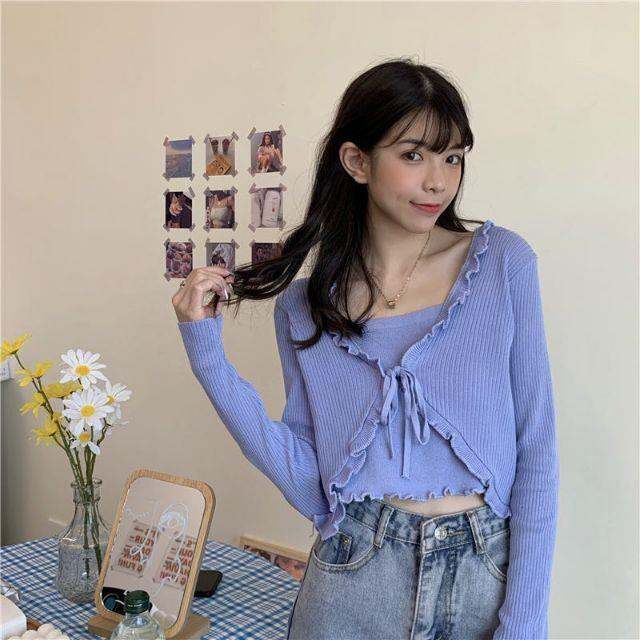 dodo-พร้อมส่ง-เสื้อไหมพรมแขนยาวต่อกับเสื้อคลุม-ผูกโบว์หน้า-28009