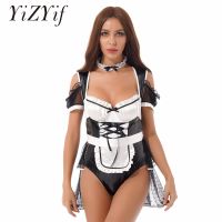 Women Maid Cosplay Outfit Costume Sexy Clubwear French Maid Bodysuit Lace-up Catsuit Leotard Dress with Apron Neck Ring Set