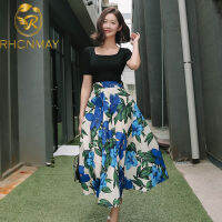 New Elegant Womens 2 Pieces Suits Short Sleeve Knitted Top + High Waist Print A-line Skirt Korean Chic Slim Work Sets