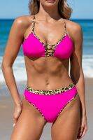 【LZ】❐✴ﺴ  LW Frente Strappy Leopard Impresso V Pescoço Lace-up Biquíni Set Verão Sexy Two Piece Swimsuits Mulheres Beachwears 2023 Patchwork Swims